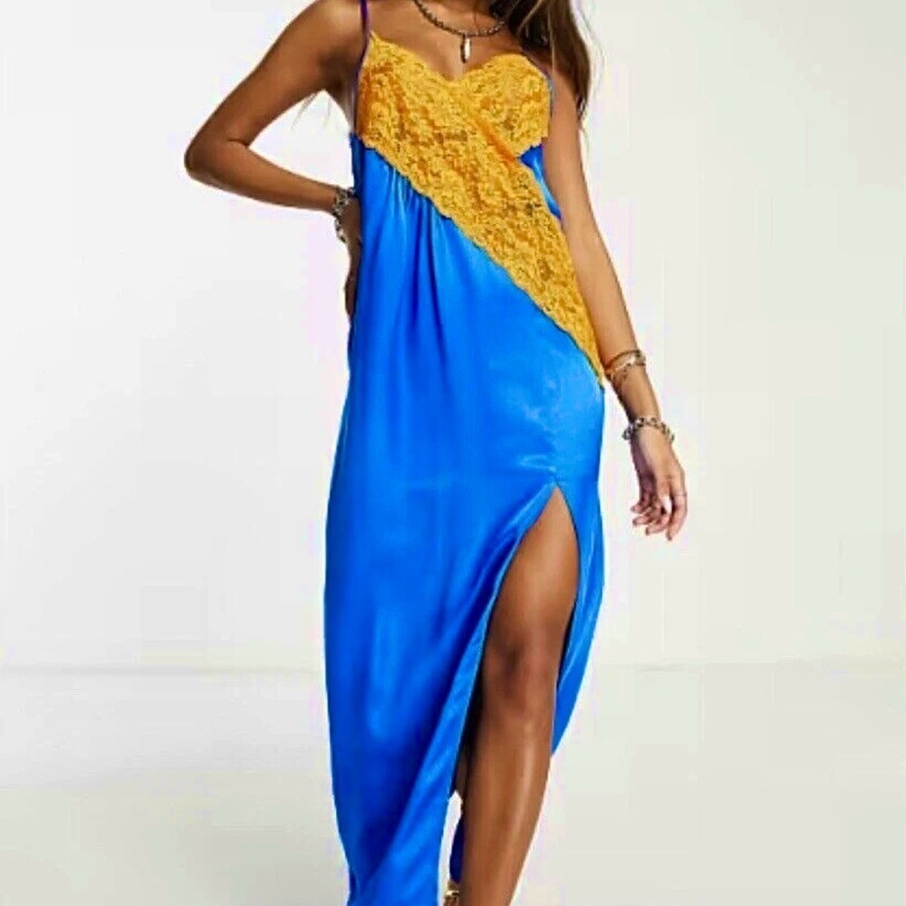 Topshop Color Block Long Slip Dress 8 Blue Orange Contrast Lace Satin Lingerie